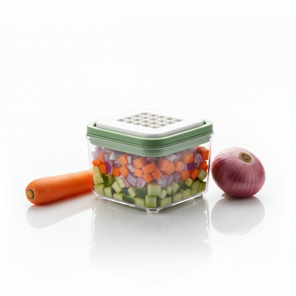 Vegetable chopper clear container filled with uniform diced carrots, cucumbers, and onions beside whole vegetables