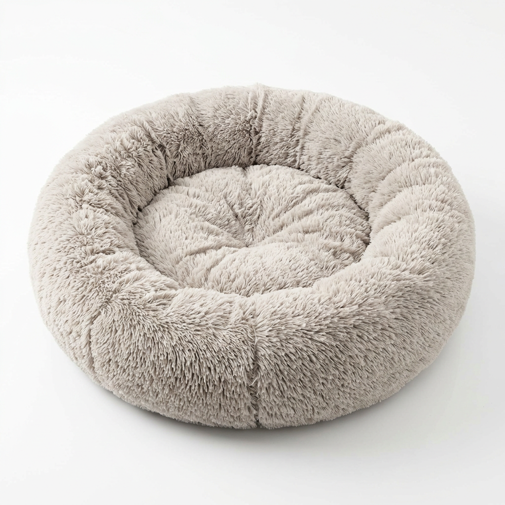 Round donut pet bed with raised circular bolster rim and fluffy shag plush fabric on pure white background