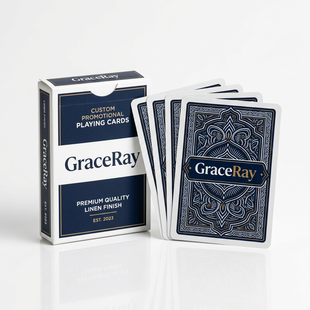 Custom printed playing cards showing branded card backs and a coordinated deck package.