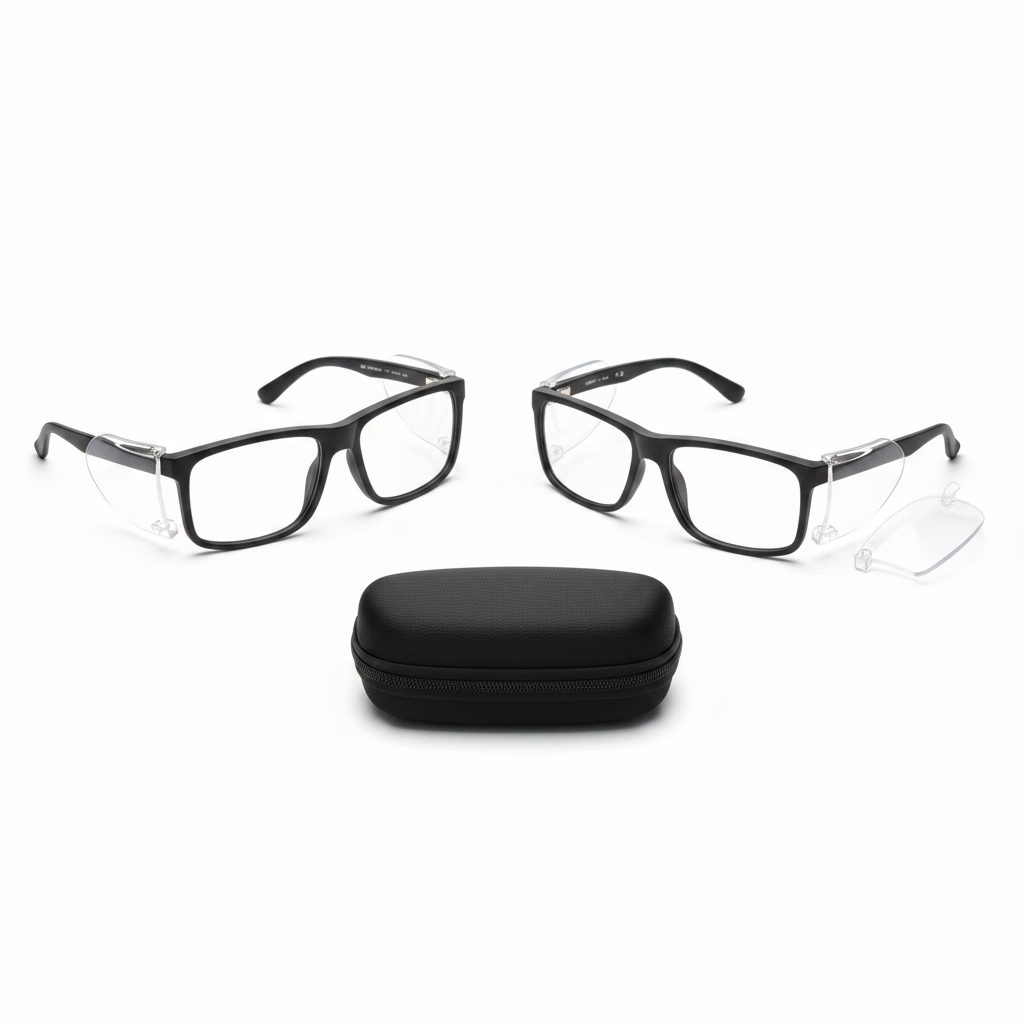 Comparison of protective eyewear with side shields attached and detached on white background