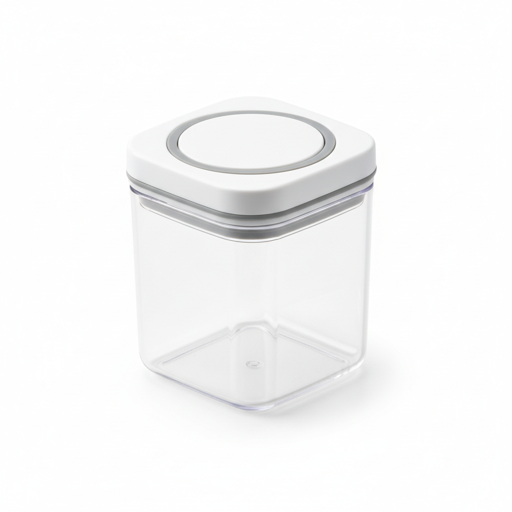 Compact square clear airtight spice storage container with white sealing lid on pure white background