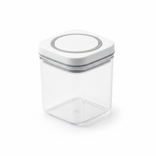 Compact square clear airtight spice storage container with white sealing lid on pure white background