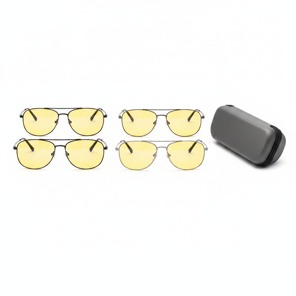 Assorted frame finish options of night driving glasses with case on white background
