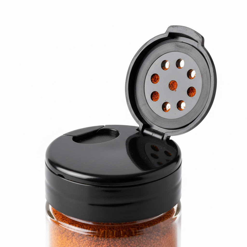 Close-up of open shaker flap with sifter holes on spice container lid