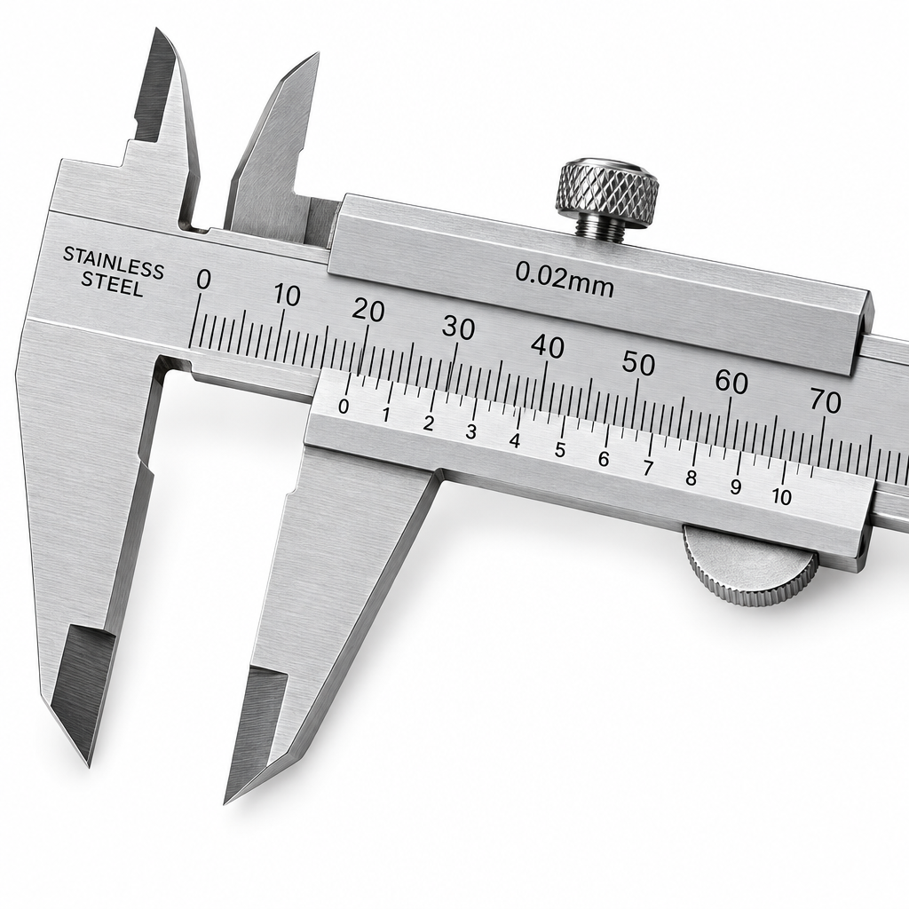 Macro close-up of mechanical vernier caliper showing 0.02mm graduation scale, locking thumbscrew, and precision measuring jaws