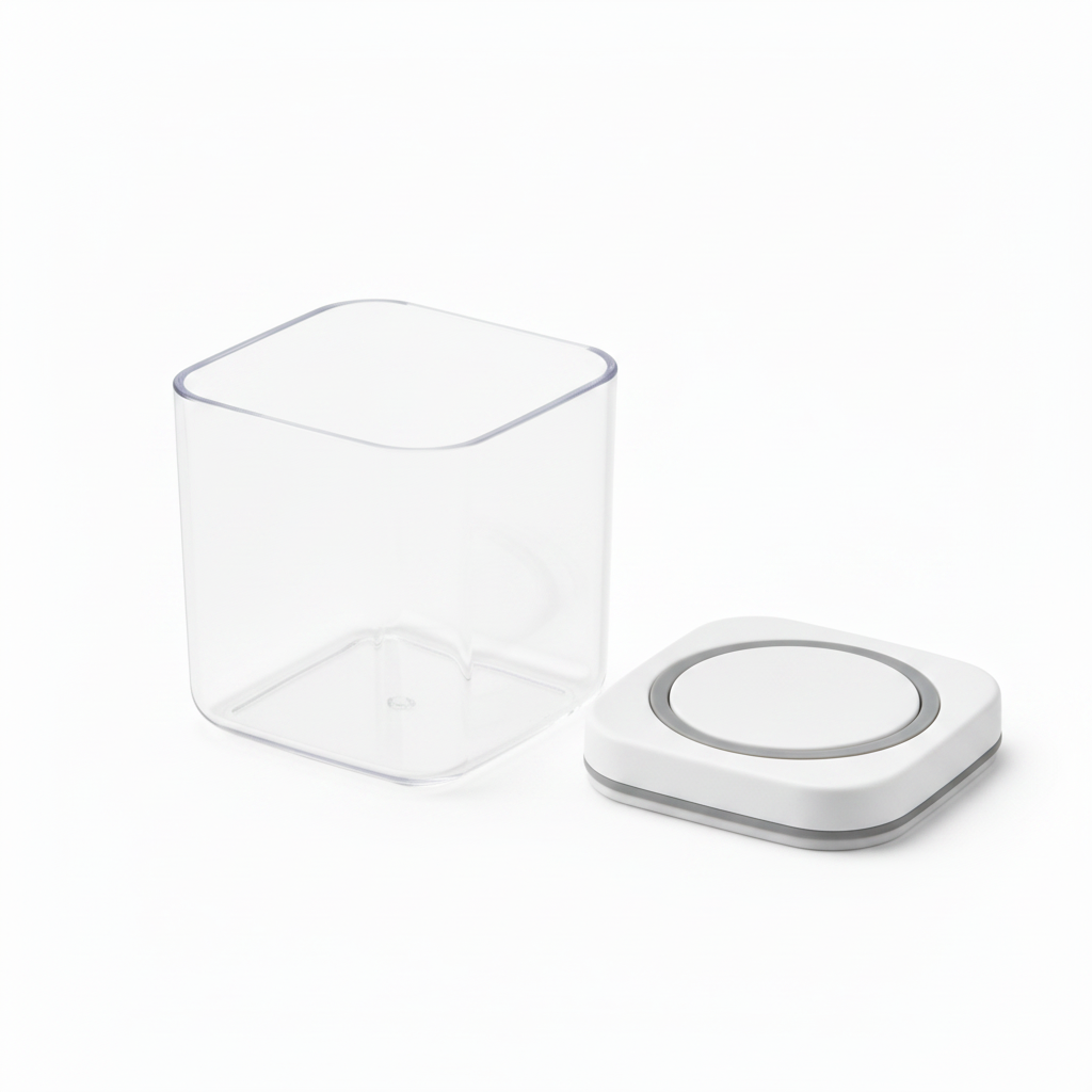 Compact clear spice storage container open with sealing lid resting flat beside it on pure white background