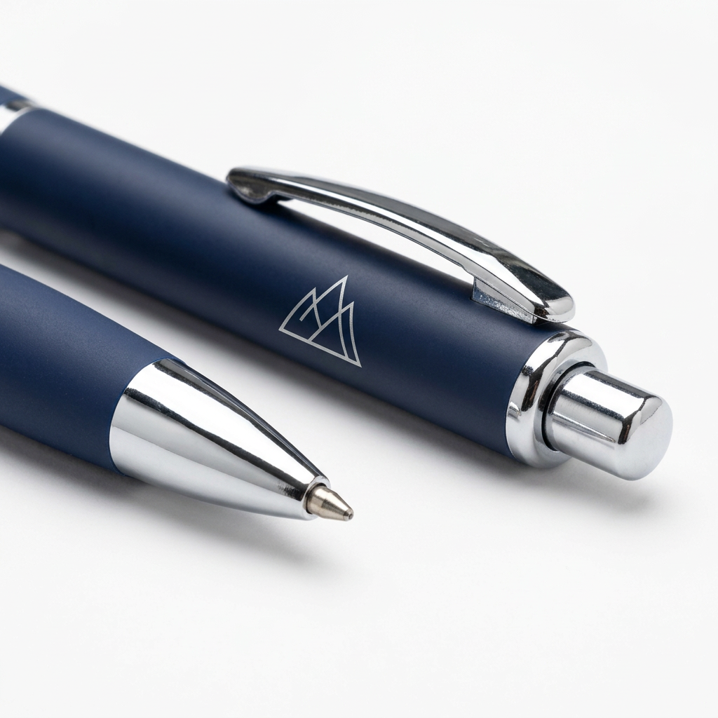 Detail close-up of promotional ballpoint pen showing precision chrome writing tip, branded barrel, and chrome clip on white background