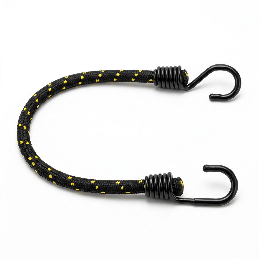 Heavy-duty elastic bungee cord with vinyl-coated steel core hooks and braided jacket on pure white background
