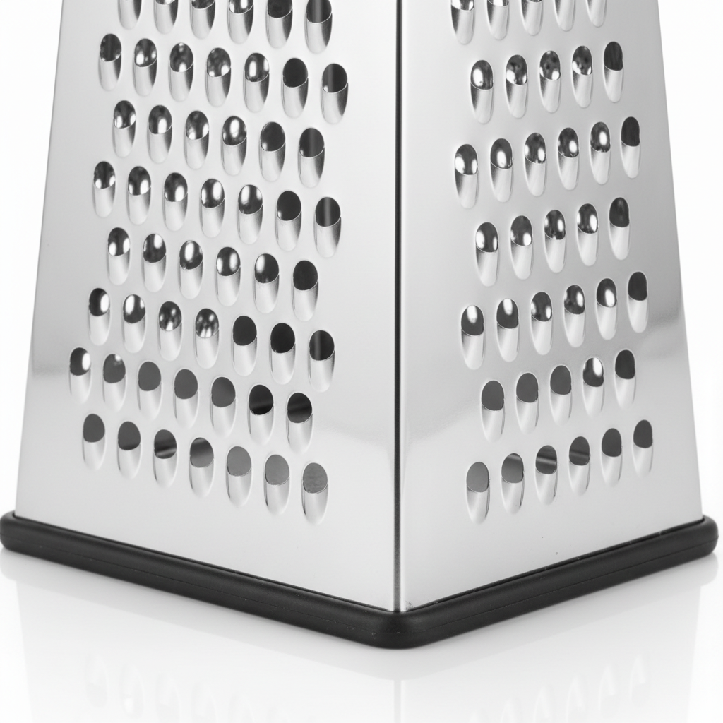 Macro detail of stainless steel box grater coarse grating teeth, corner seam, and non-slip rubber base rim