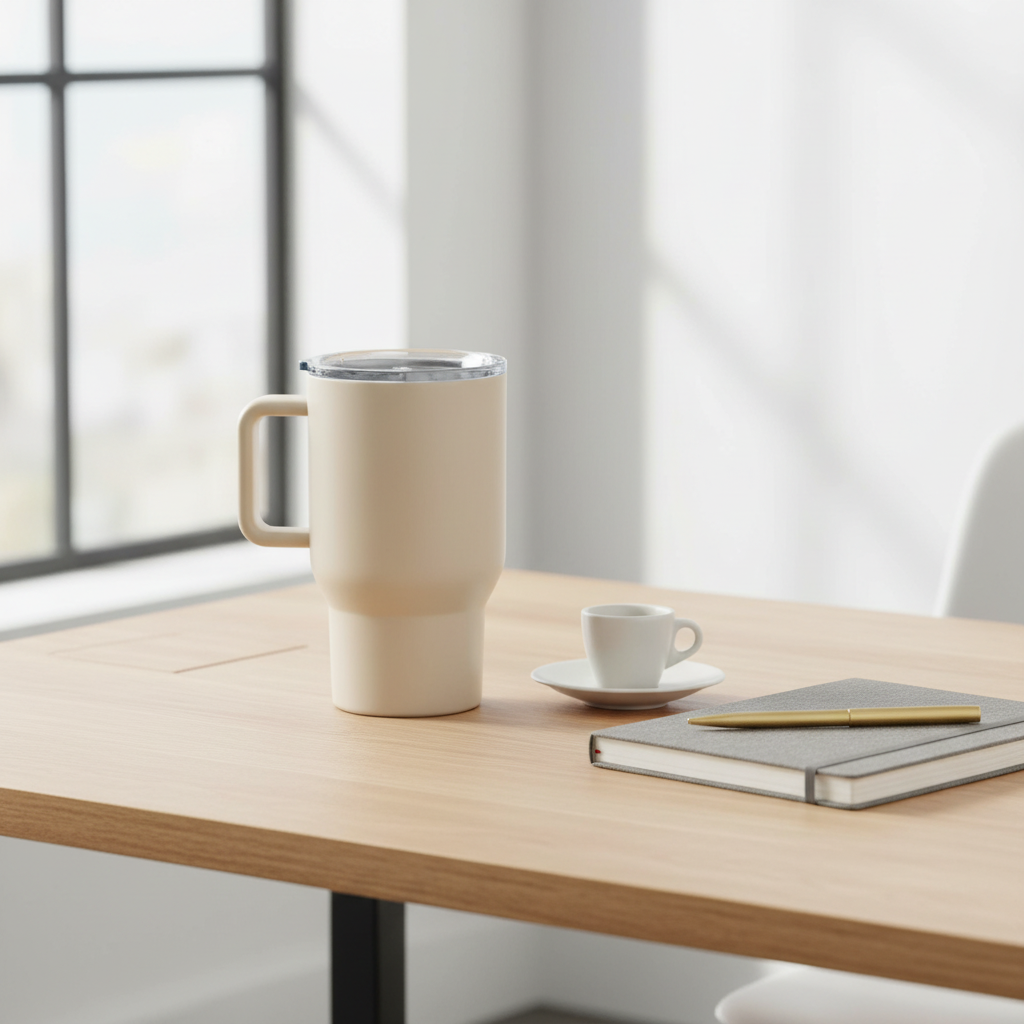 Stainless steel travel mug with handle on wooden office desk next to espresso cup and journal
