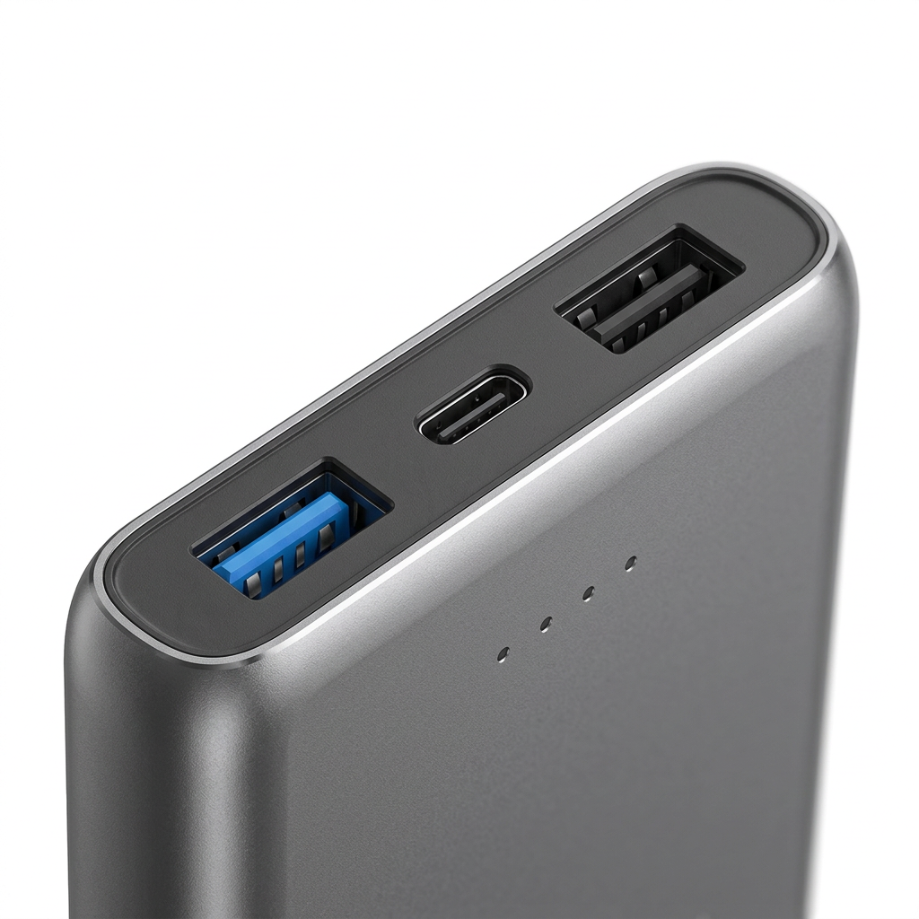 Detail close-up of promotional power bank showing CNC chamfered aluminum edge, dual USB-A and USB-C ports, and LED indicator lights on white background
