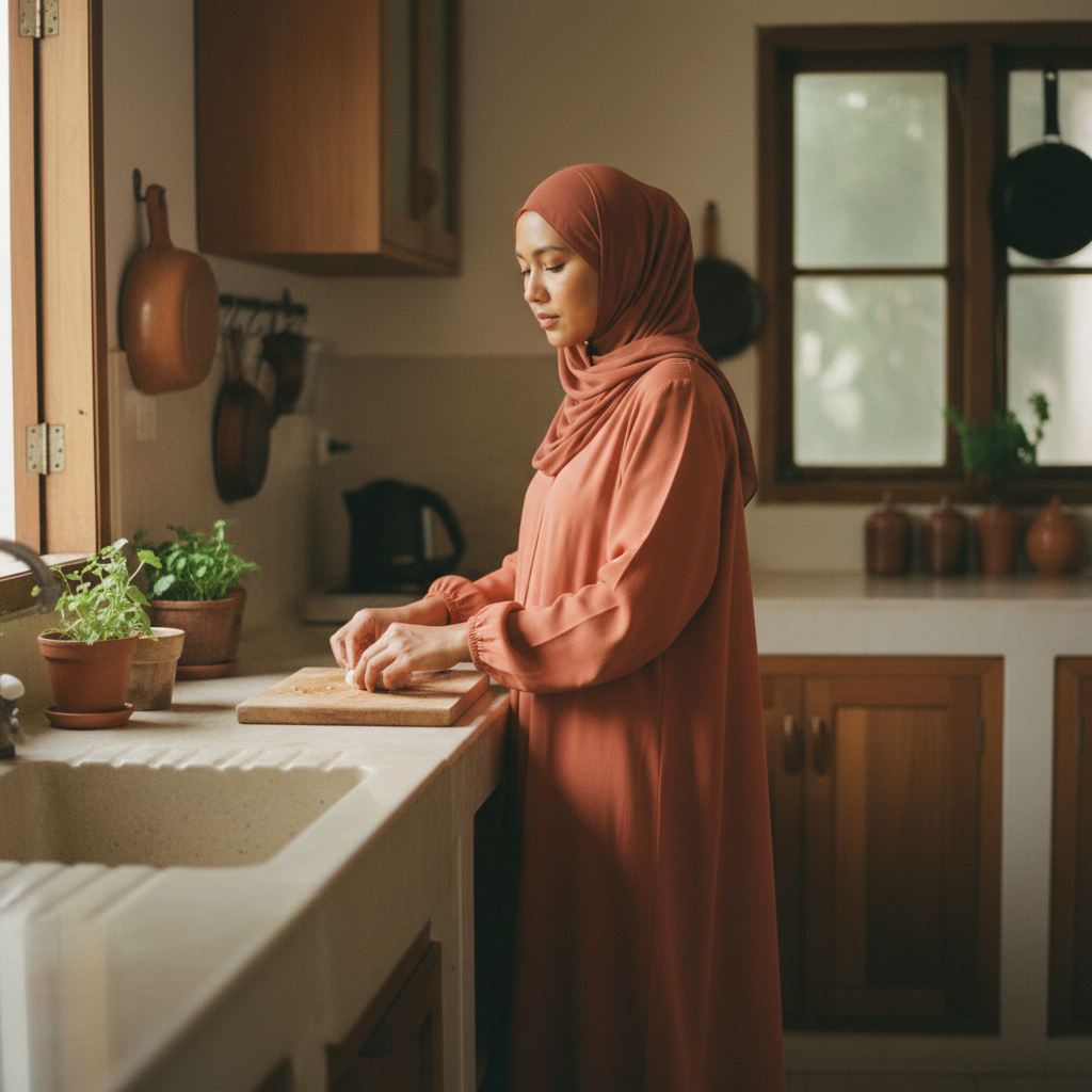 Malaysian Muslim woman terracotta modest dress cooking at home
