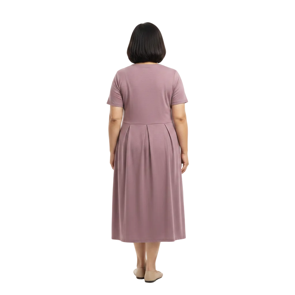 Back view of round neck pleated waist midi dress on white background