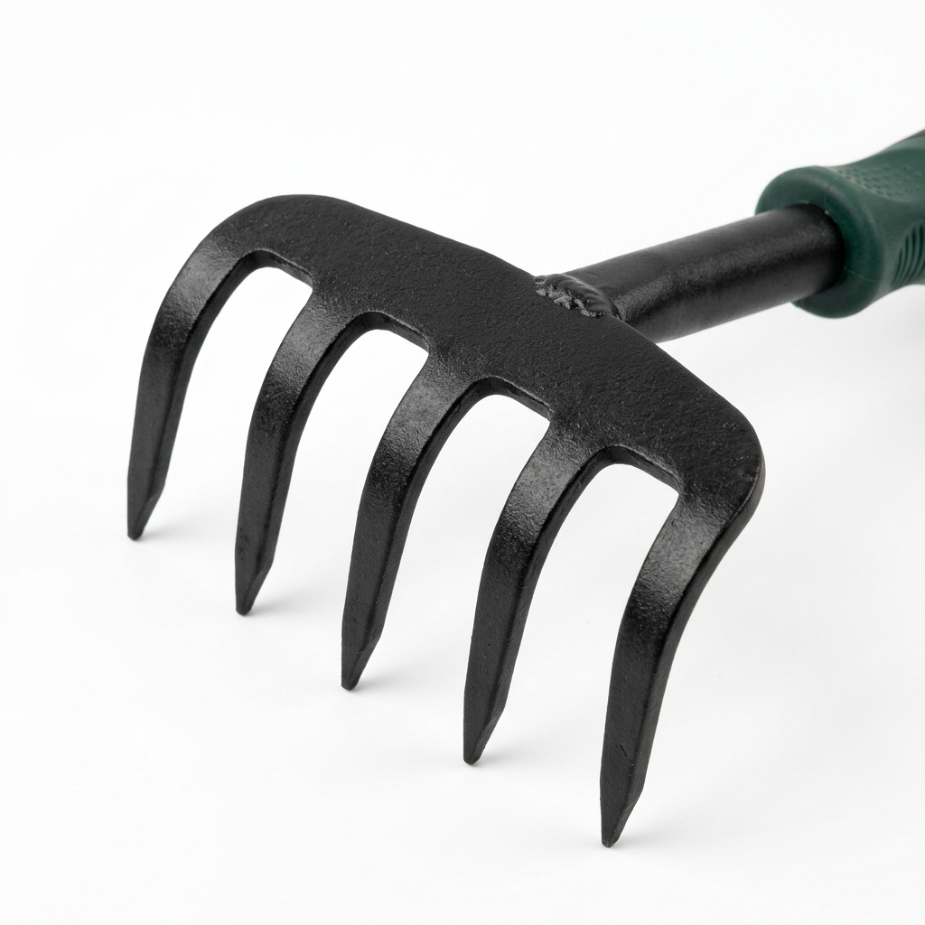 Macro close-up detail of 5-tine garden cultivator rake curved steel claw tines, pointed tips, and heavy-duty welded shank neck on pure white background
