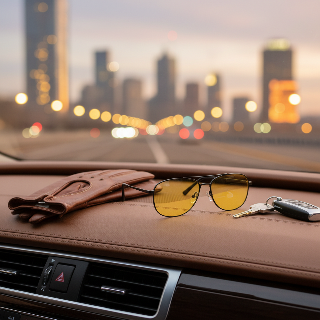Night driving glasses with yellow lenses on luxury car console beside keys at dusk