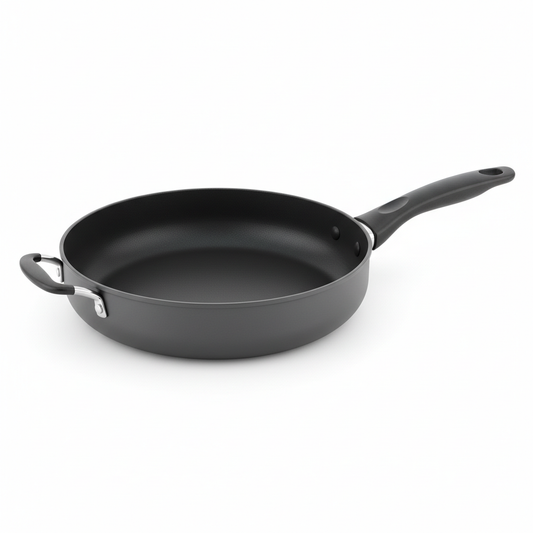 Wide non-stick aluminum sauté pan with main handle and helper loop handle on pure white background
