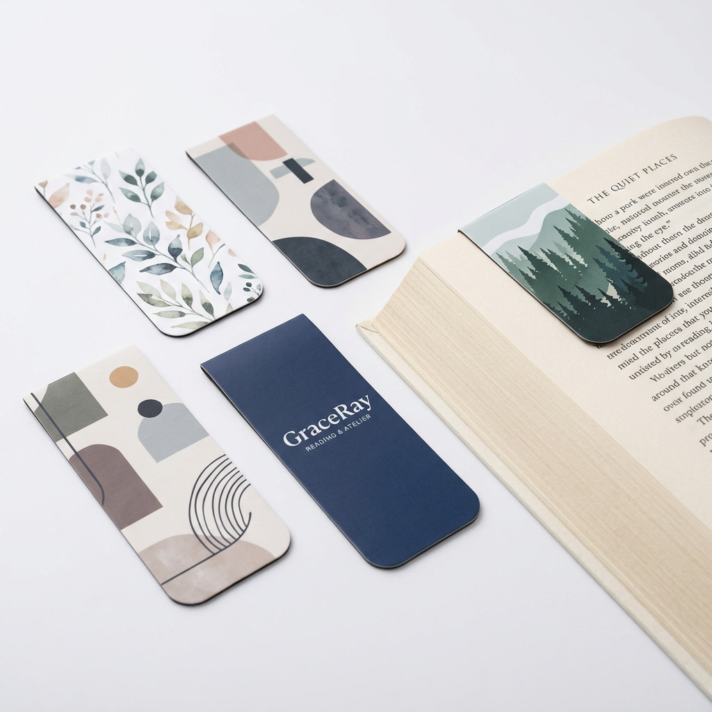 Custom printed magnetic bookmarks folded over book pages with illustrated designs.
