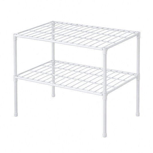 Closet shelf organizer, two stacked white metal wire shelf units with legs on white background