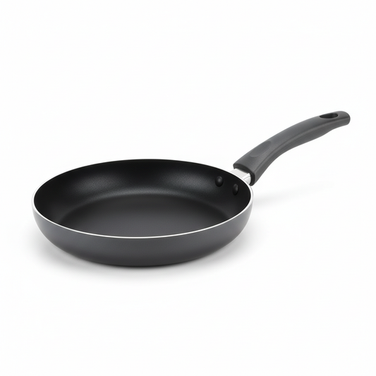 Classic round aluminum non-stick frying pan in dark charcoal gray with ergonomic heat-resistant handle on a white background.