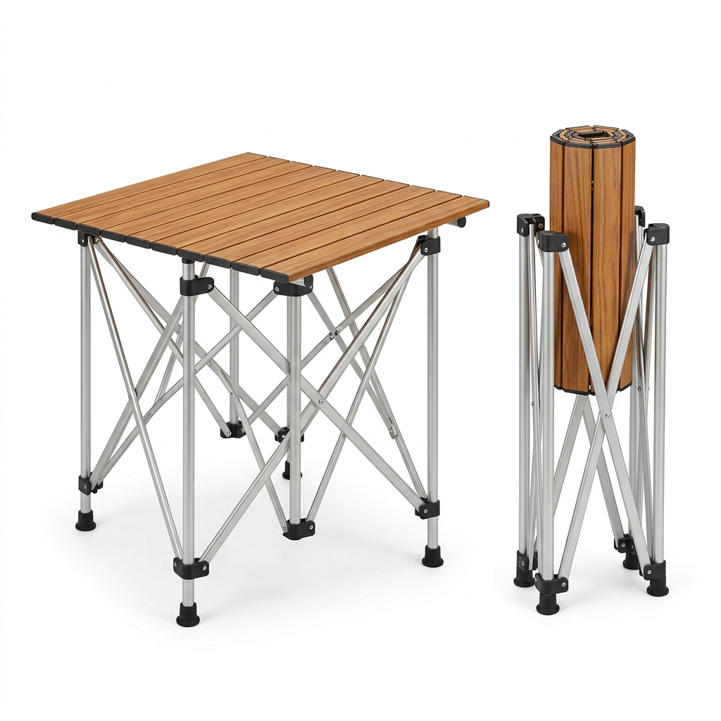 Folding camping table with aluminum wood-grain roll-up slat top and collapsible scissor frame, showing assembled and rolled packed units on pure white background