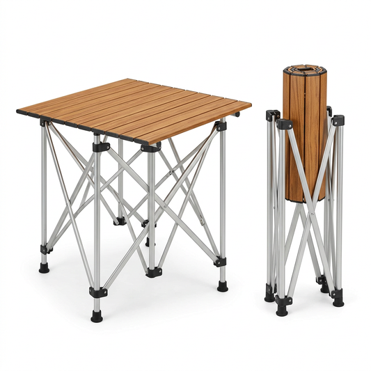 Folding camping table with aluminum wood-grain roll-up slat top and collapsible scissor frame, showing assembled and rolled packed units on pure white background