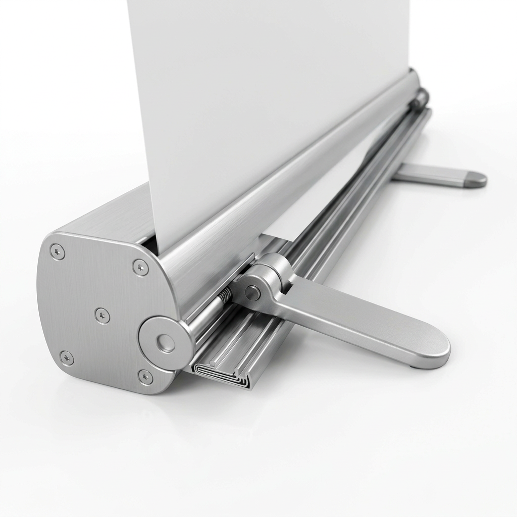 Detail close-up of roll up banner stand showing aluminum cassette base and swivel stabilizer foot on white background