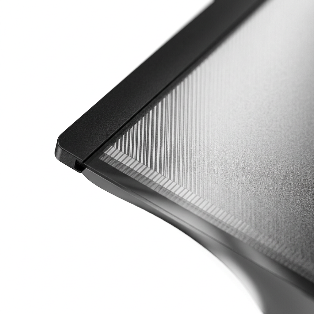 Detail close-up of laptop privacy screen showing micro-louver optical layer and magnetic mounting strip on white background