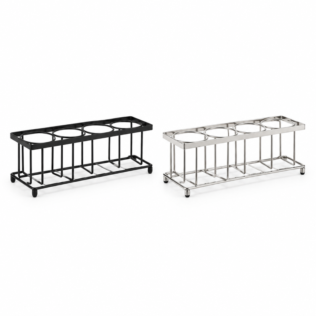 Kitchen bottle storage racks in black and silver finishes on pure white background