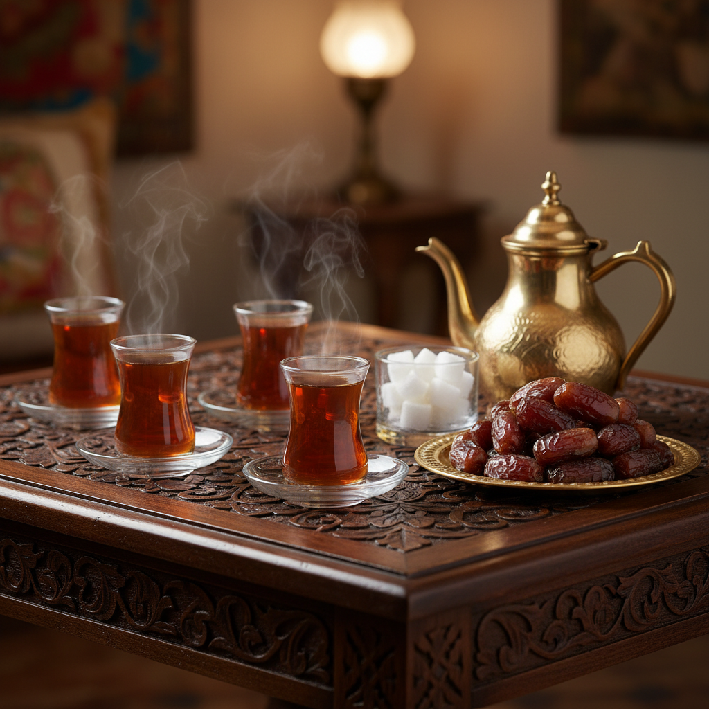 Traditional Arabic tea glass set on an ornate wooden dining table with a brass teapot and dates