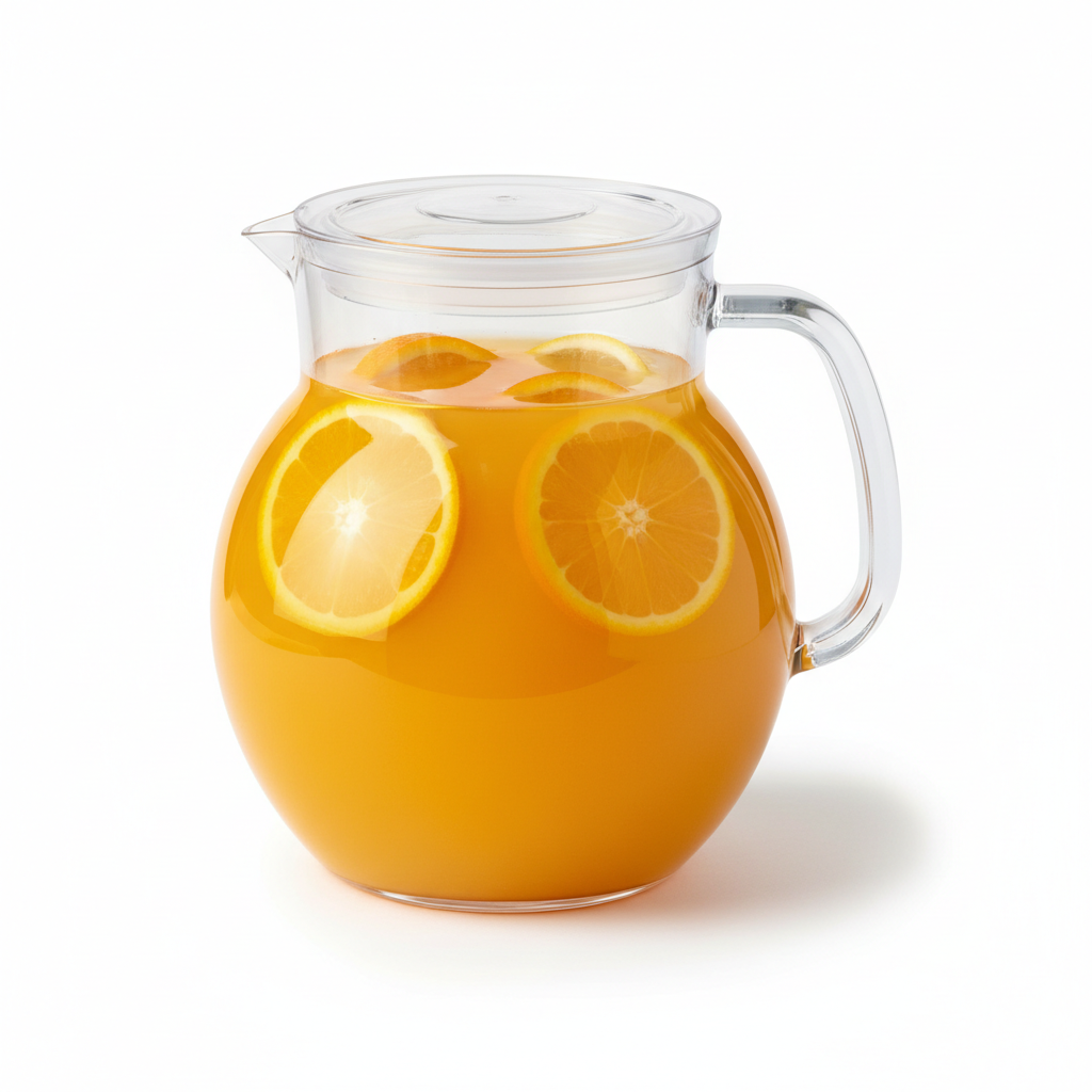 Transparent plastic juice pitcher with fitted lid and orange juice on pure white background