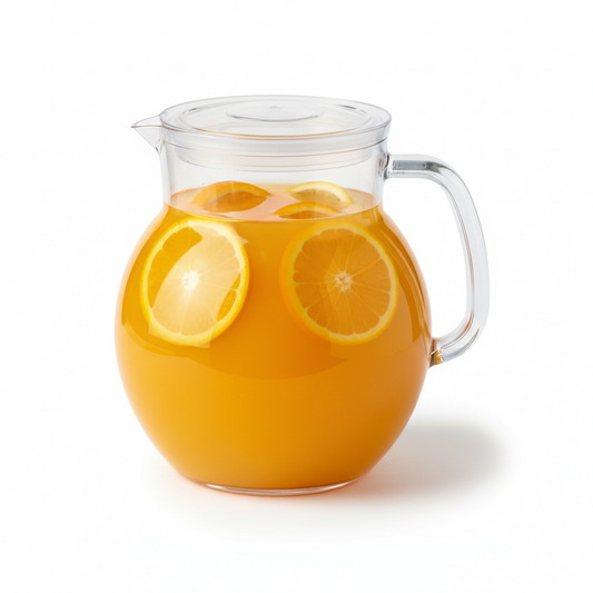 Transparent plastic juice pitcher with fitted lid and orange juice on pure white background