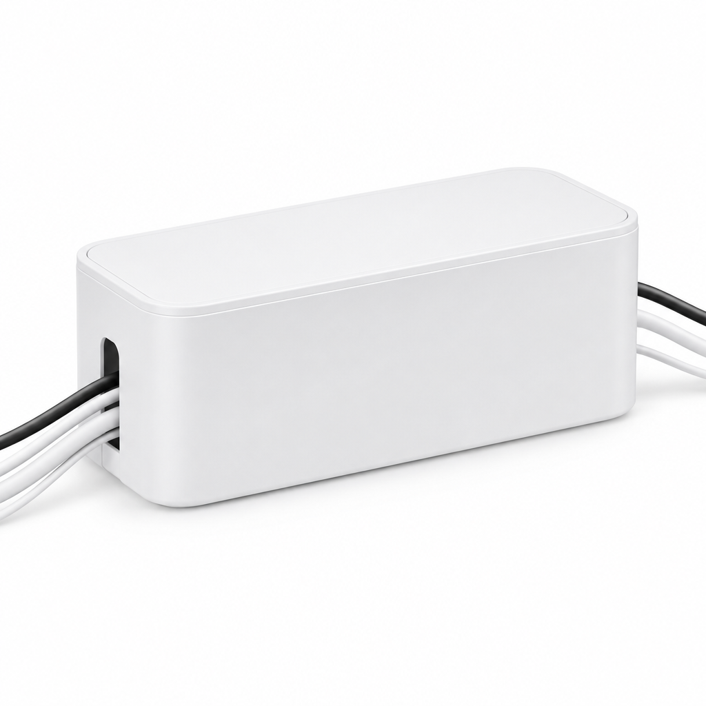 Cable organizer box, white plastic box with lid and cords passing through end slots on white background