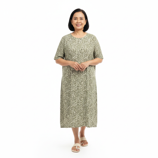 Front view of round neck printed relaxed midi dress on white background