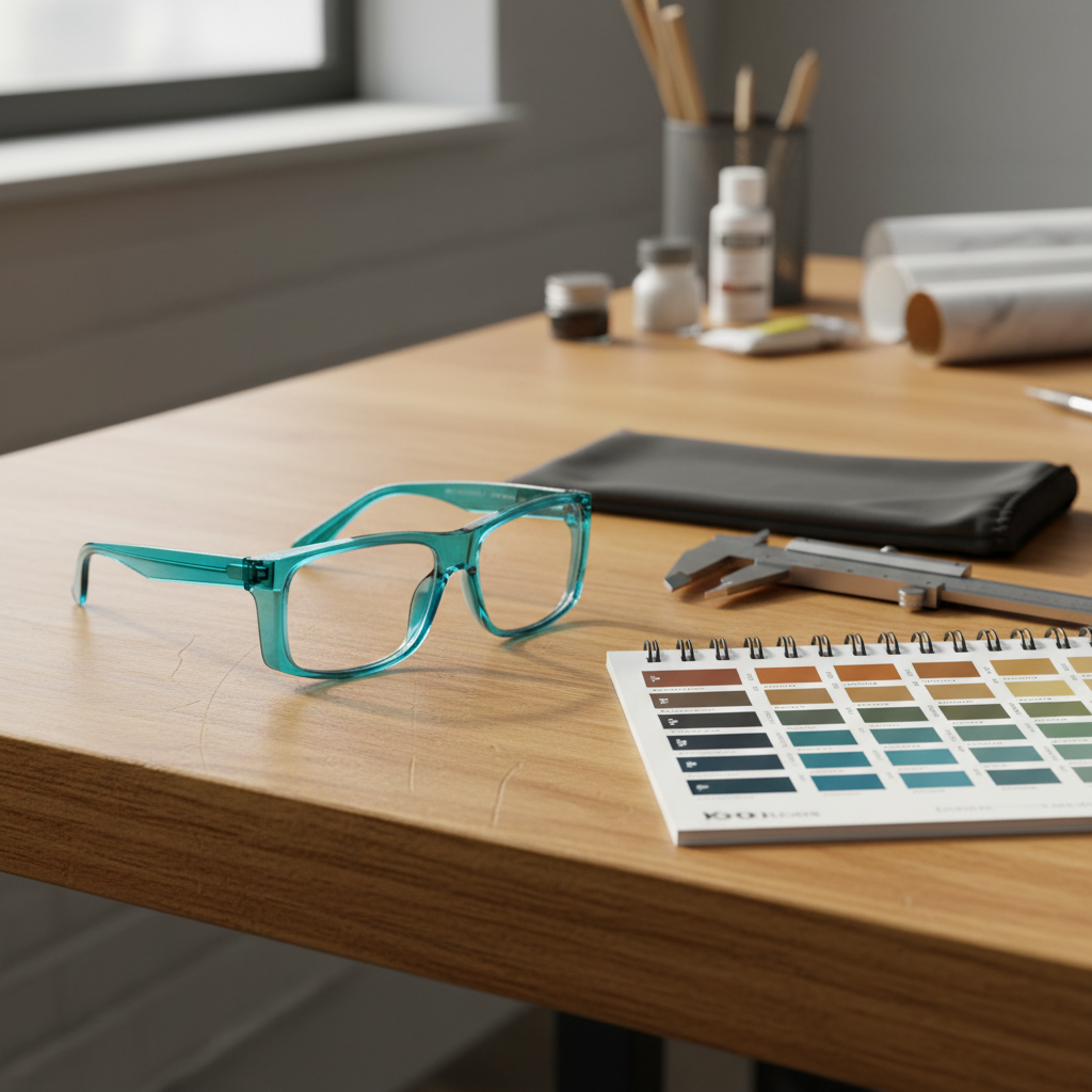 Translucent cyan-teal safety glasses on workbench beside color swatches and caliper