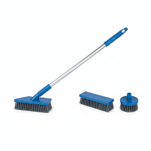 Long-handle hotel cleaning brush with angled blue scrub head plus matching flat and round replacement heads on white background