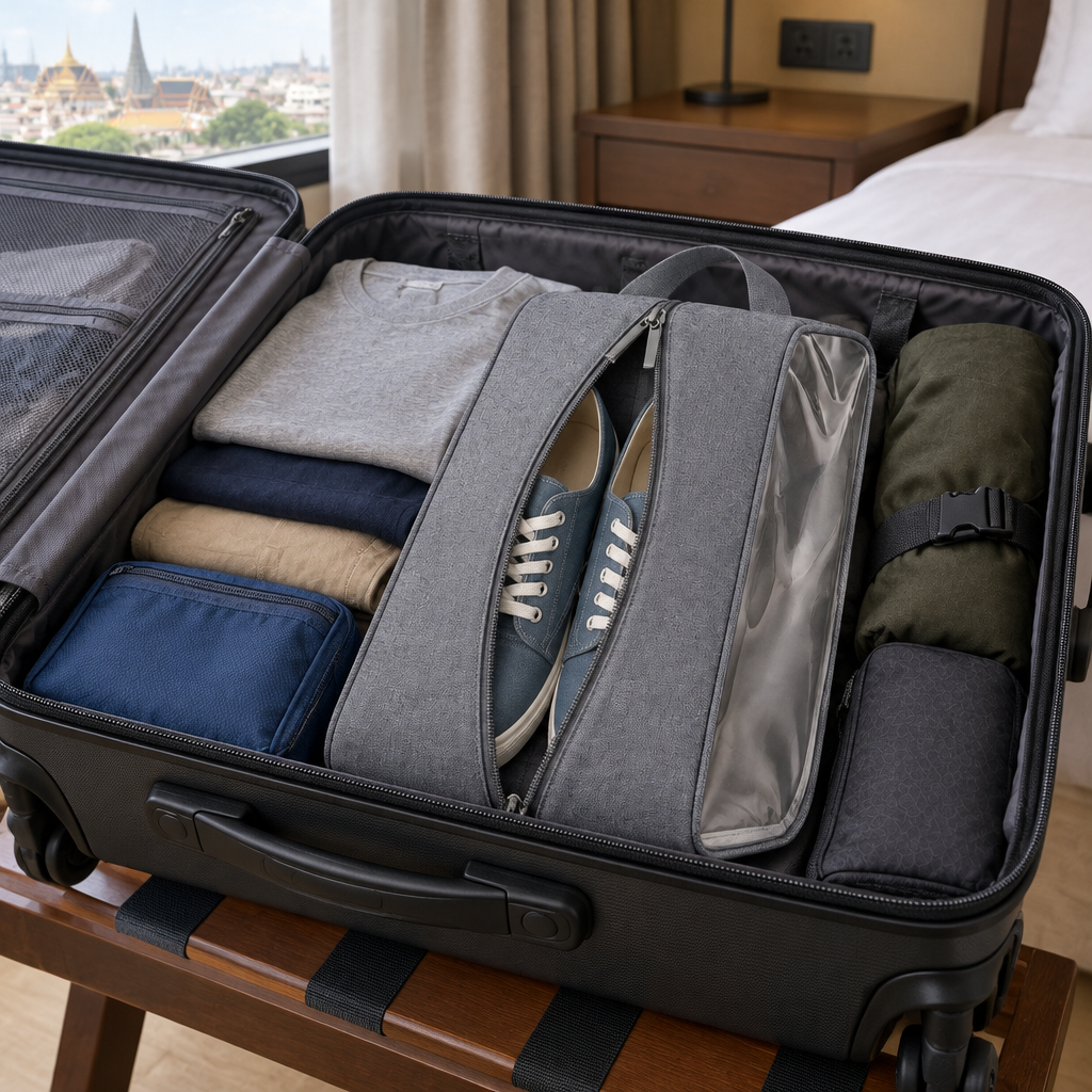 Travel shoe bag unzipped inside an open suitcase in Thailand showing casual shoes packed cleanly