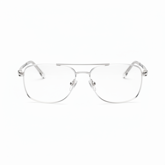 Clear non-prescription fashion eyeglasses with transparent frame on white background