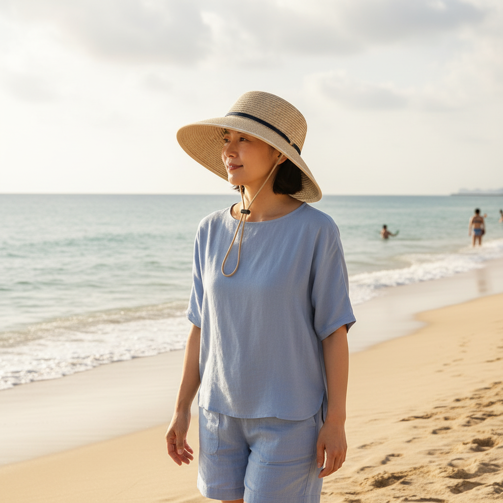Adult Asian woman wearing the beige woven wide brim sun hat with navy band and adjustable drawcord while walking beside a beach shoreline.