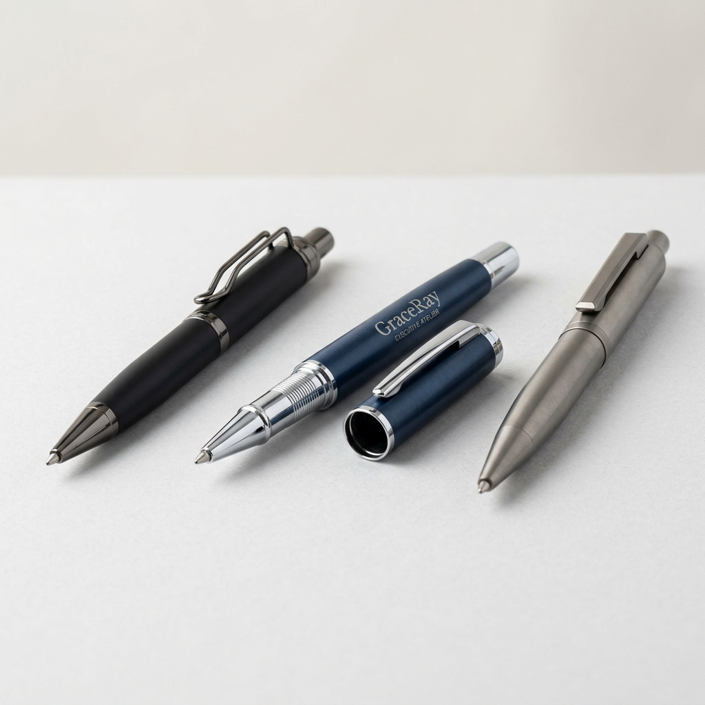 Executive metal pens with clean barrel designs and custom logo engraving options.