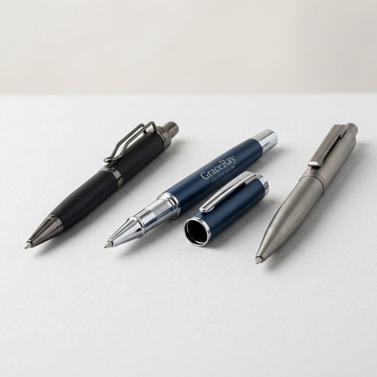 Executive metal pens with clean barrel designs and custom logo engraving options.