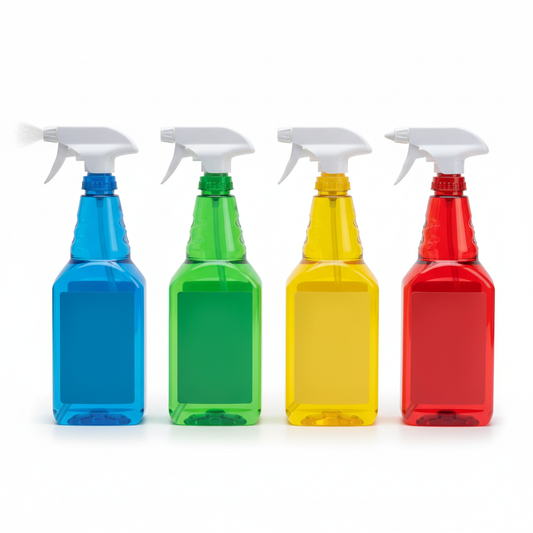 Four translucent hotel cleaning spray bottles with white adjustable triggers and blank color-coded labels on white background