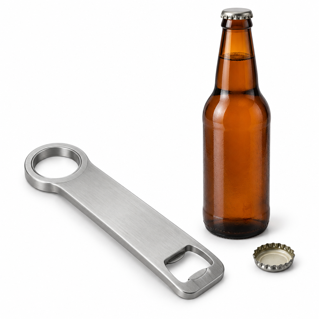 Stainless steel flat speed bottle opener beside amber glass beverage bottle and popped metal crown cap on pure white background