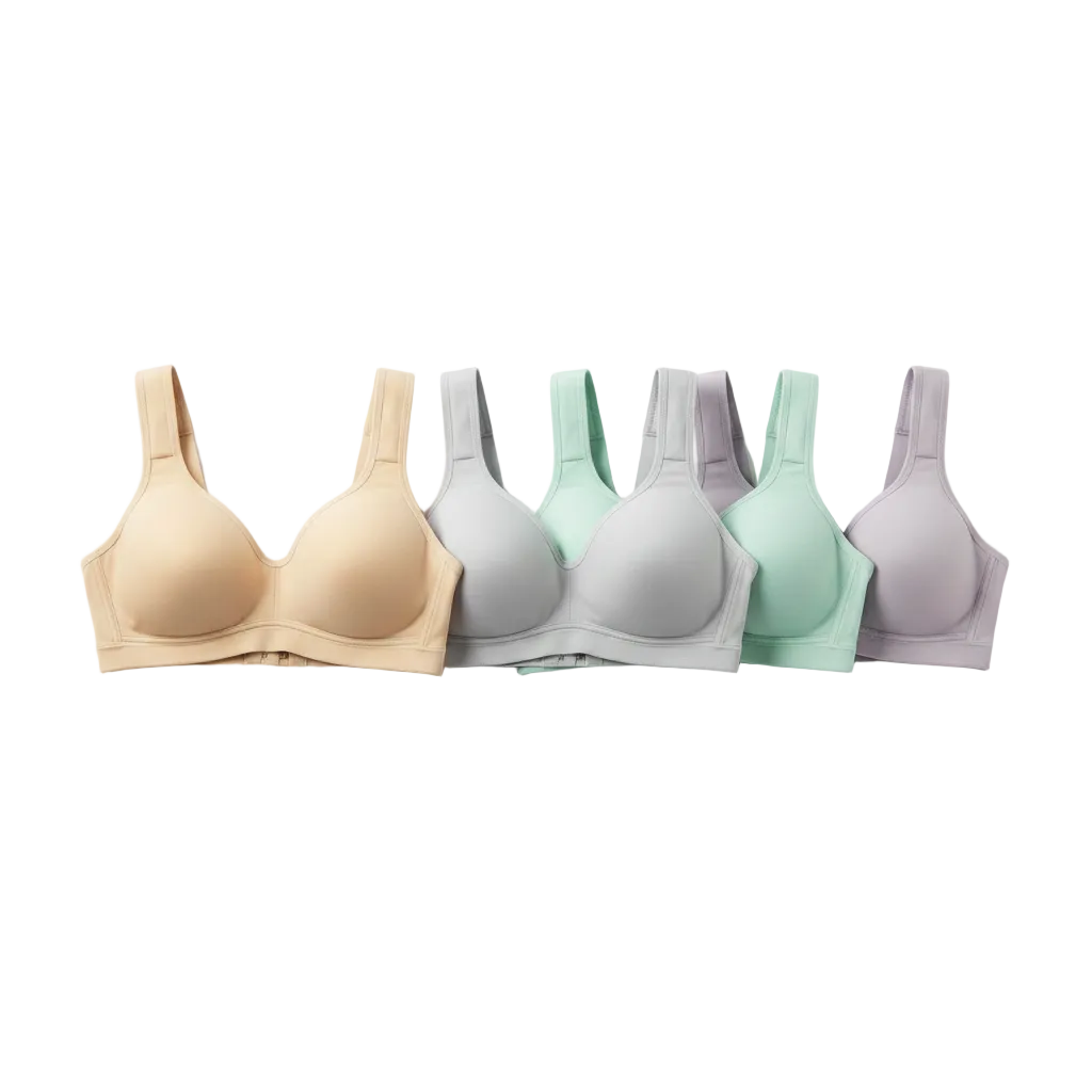 Multi-color flat lay of full coverage bra in five neutral colors side-by-side