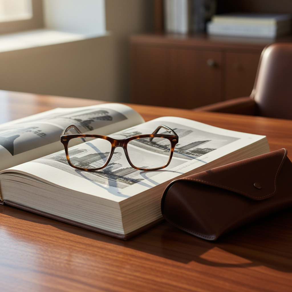 Premium acetate reading glasses on architecture book beside leather case on walnut desk