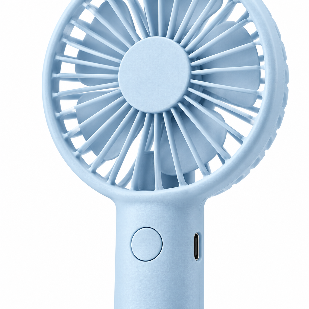 Close-up of the portable handheld fan grille head, round power button, and Type-C charging port