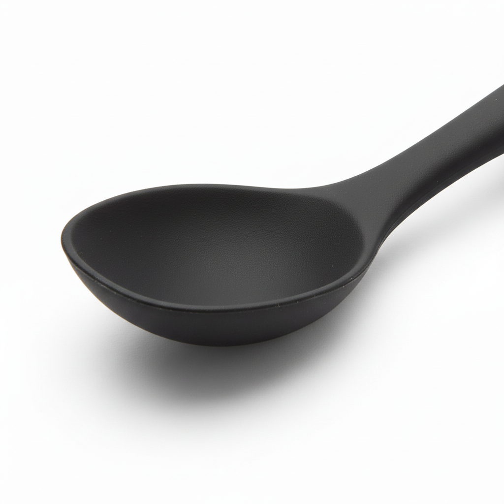 Macro detail of seamless matte silicone scoop head, rounded flexible rim, and reinforced neck