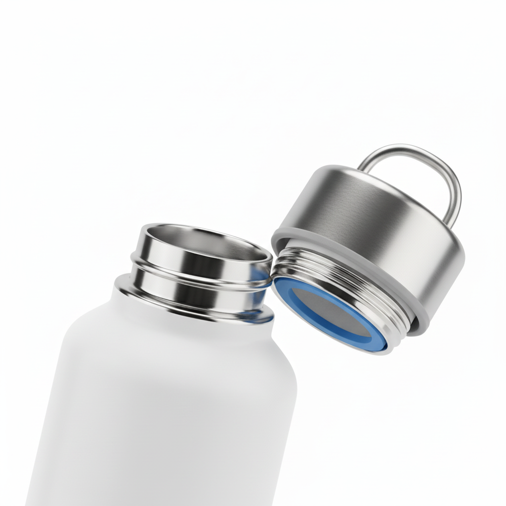 Close-up macro of stainless steel bottle mouth and insulated screw cap with silicone seal on pure white background