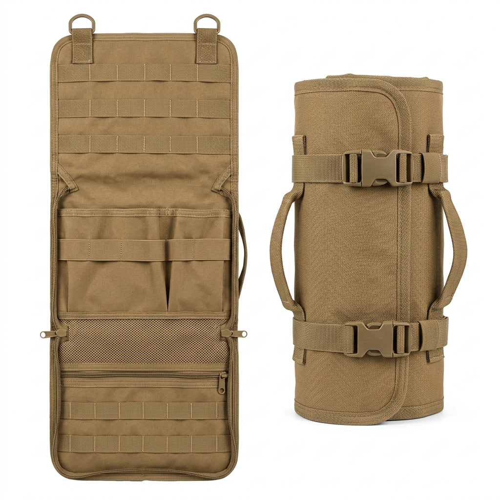 Camping gear organizer roll-up bag in coyote tan 600D Oxford canvas shown fully opened flat beside compact rolled bundle on pure white background