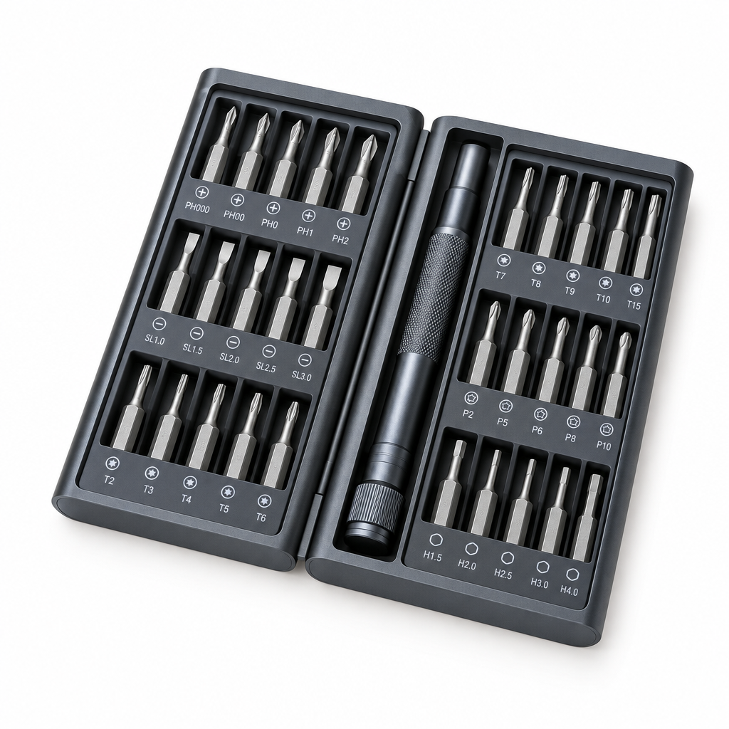 Compact precision screwdriver set in magnetic storage case with knurled aluminum driver handle and precision steel bits on a seamless pure white background