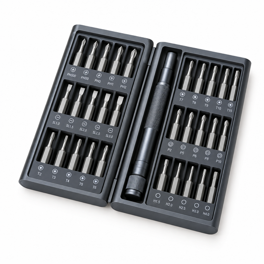 Compact precision screwdriver set in magnetic storage case with knurled aluminum driver handle and precision steel bits on a seamless pure white background